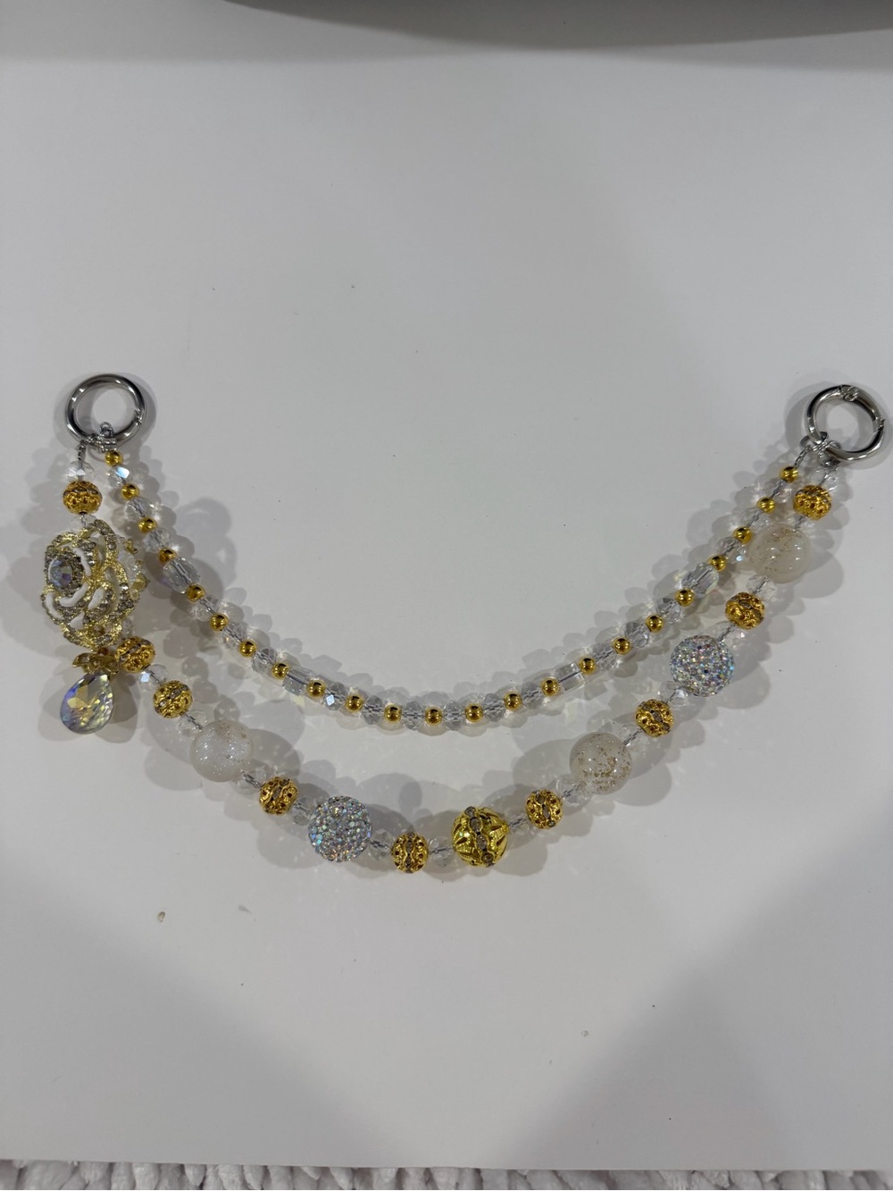 Gold & Crystal Rose Beaded Purse Charm Double Strand Bag Jewelry